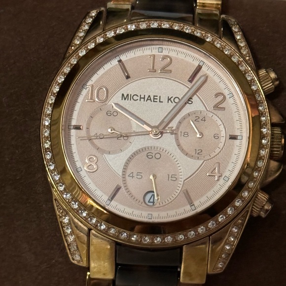 Michael Kors Watch-Yellow Gold Toned/Tortoise Band-Pink Face-Crystal Bezel-Box - Picture 8 of 17